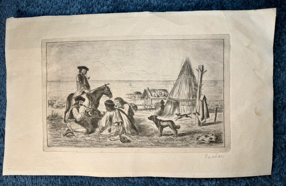 Antique Original Etching Signed Pataky? Hungarian Puszta Horsemen Rural Scene